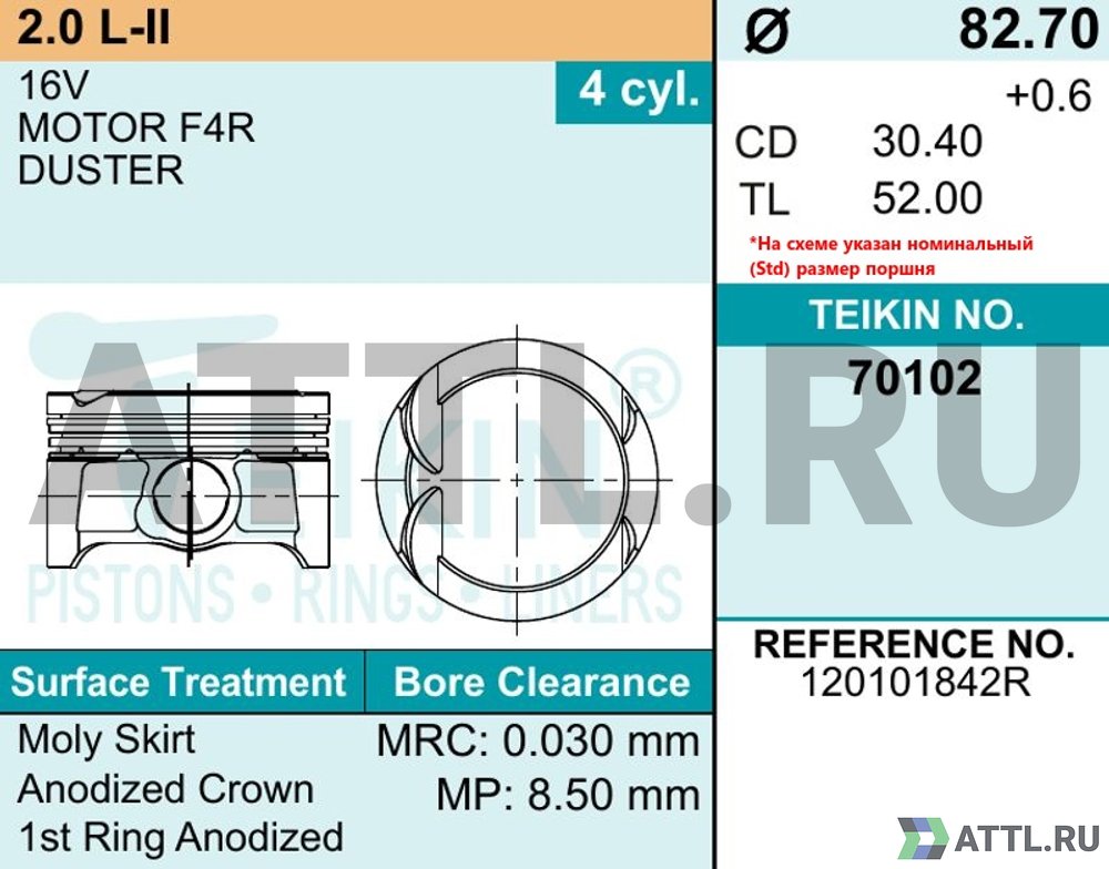 TEIKIN 70102 050 Комплект поршней F4R-II