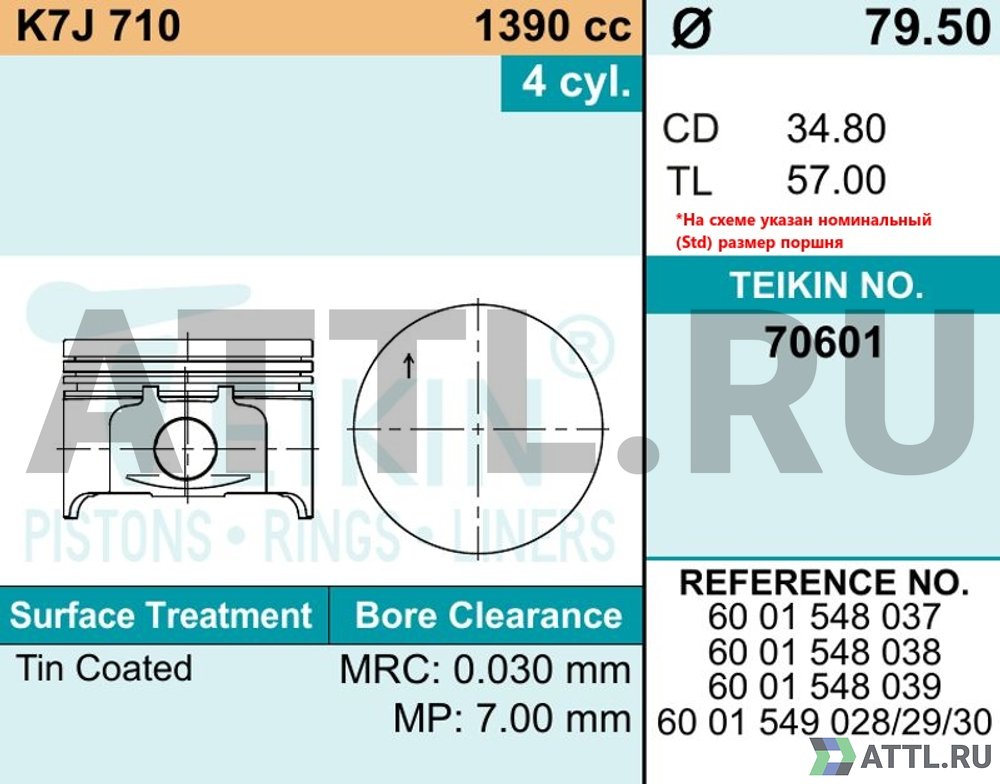 TEIKIN 70601 050 Комплект поршней K7J